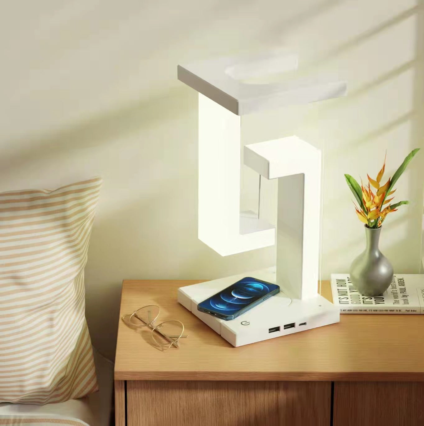 Levitating anti-gravity mobile phone wireless charging LED nightlight lamp