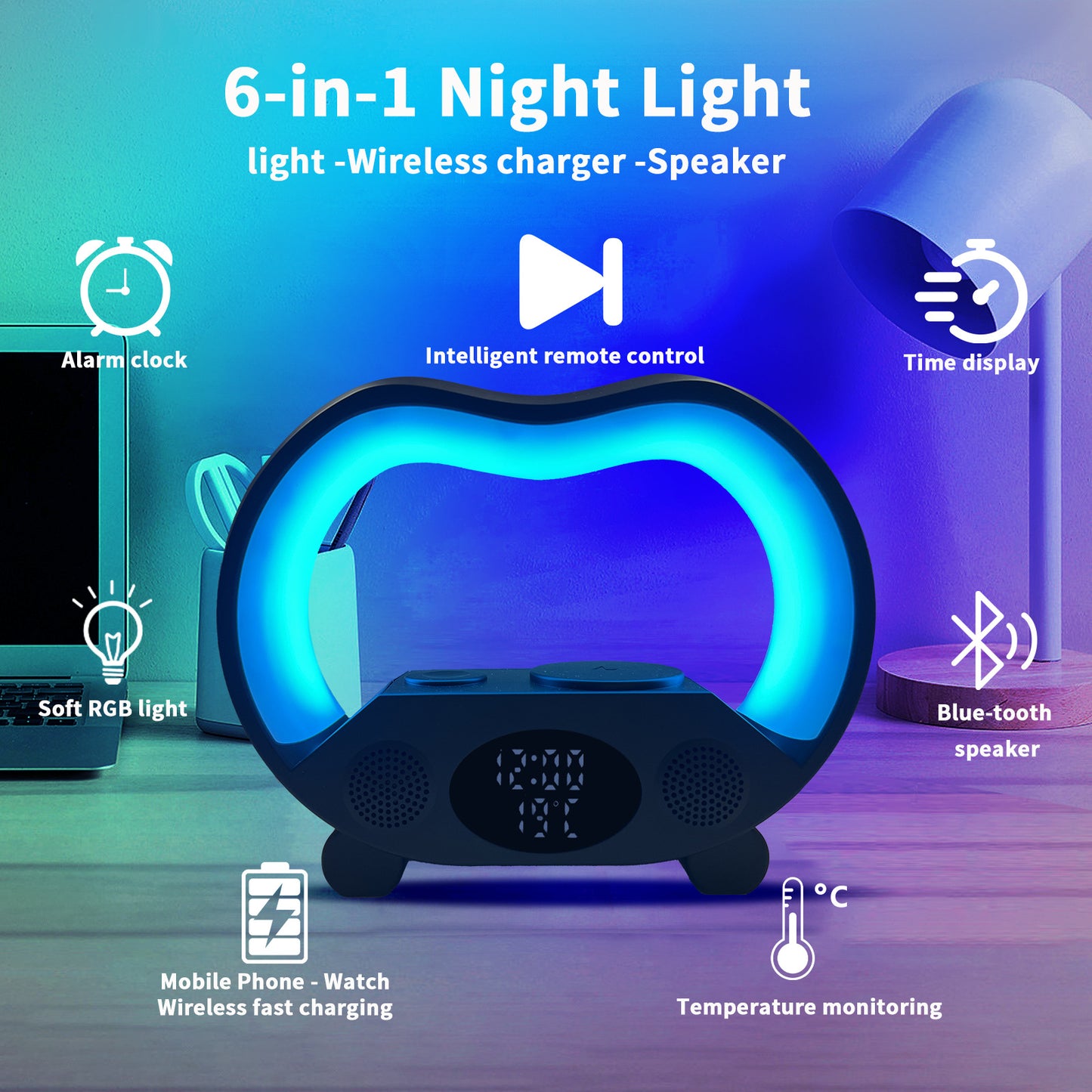 6 In 1 Smart Remote Control Bluetooth Ambience Intelligent LED Table Lamp Multi-function Wireless Charger Night Light Bluetooth Speaker